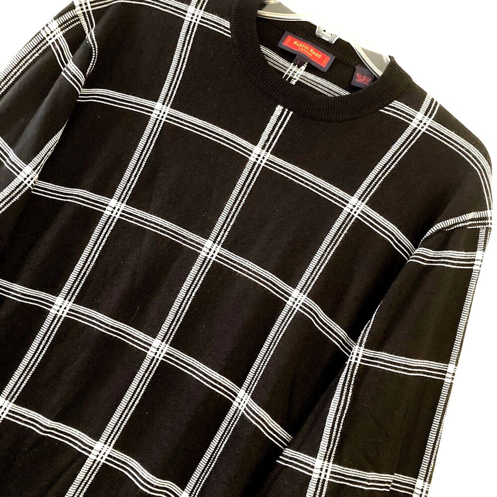 Vtg Men’s Austin Reed London Sweater L  Black Check Cotton Modal Blend